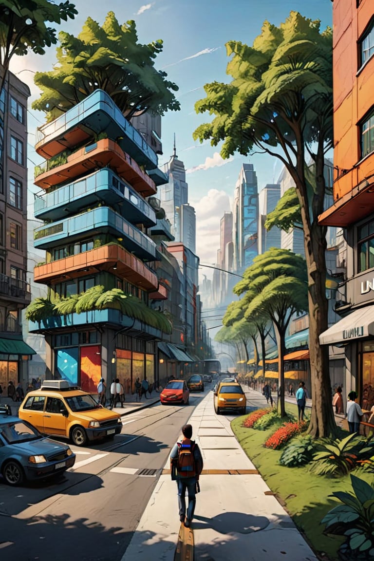 high quality, 8K Ultra HD, (((naturally interacting with the environment:1.5))),(((seamless:1.5))),((strong environmental light)),((hard shadows)), futureies city moke realistic funtastic city modern city, (city of the future) colourful funtastic magical creativite of nature landloard plant landloar plant trees and trees big trees ,island,style of Edvard Munch, crowded_XL_XL city, Acity with lots of bulidings!, in the cities, many people are walking on their way, There is a long road in the city on which a lot of vehicles are  moving from both sides,
