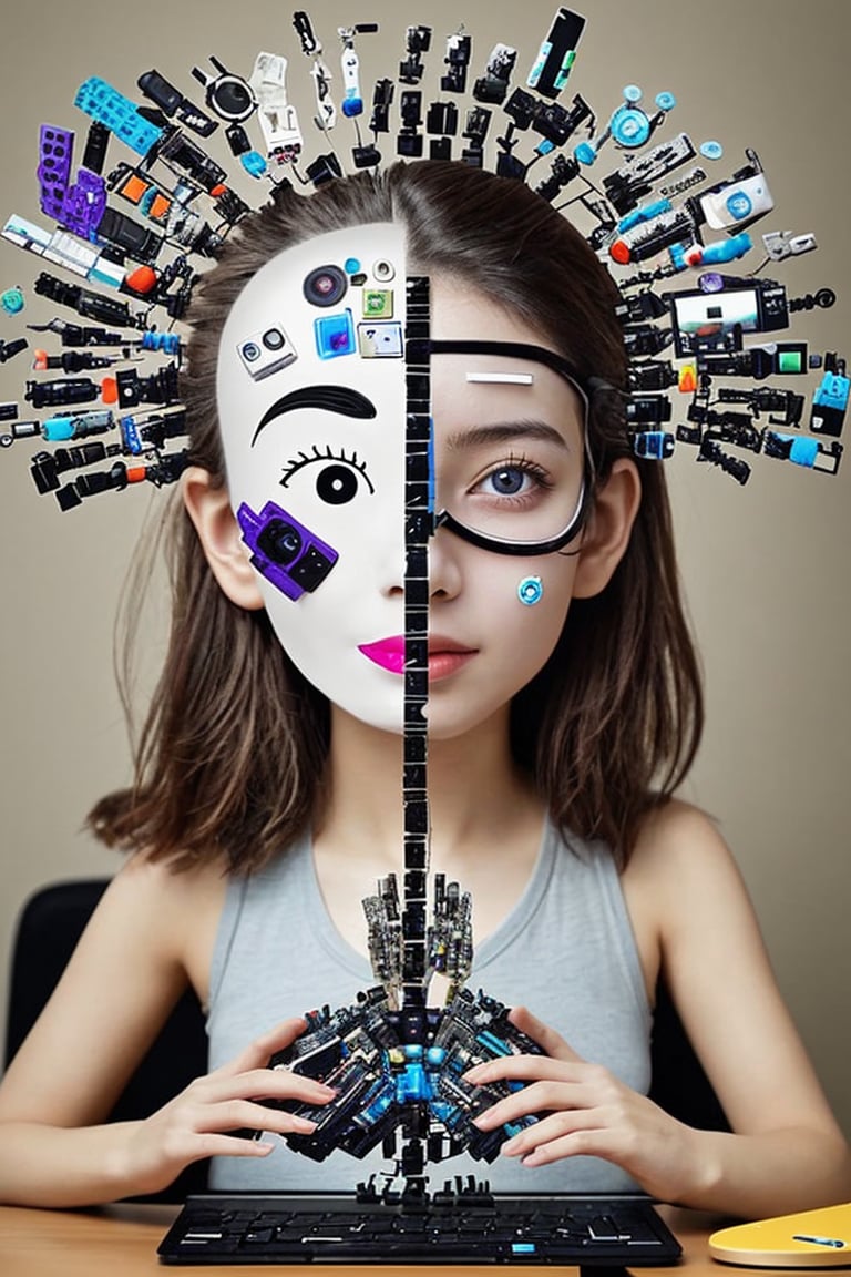 A girl who has a unique computer part in her brain, can do anything in the world. A picture has to be made in which all types of devices are attached to the outside of her brain, decorated beautifully, it should look as if her whole body is made of computer electronic devices and should be completely colorful.