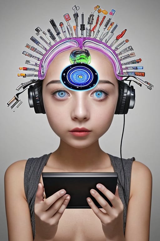 A girl who has a unique computer part in her brain, can do anything in the world. A picture has to be made in which all types of devices are attached to the outside of her brain, decorated beautifully, it should look as if her whole body is made of computer electronic devices and should be completely colorful.