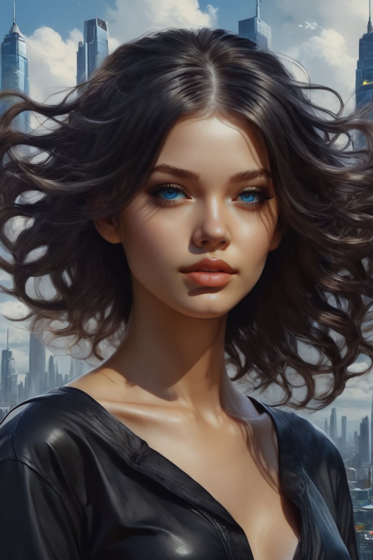 Realistic artwork futuristic city images creative AI Tools girl log hairstyle attractive with unique design air flying hair black colour 