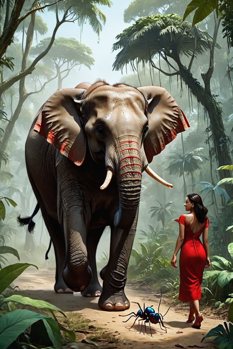 An elephant was walking in the jungle and an ant came under his feet and the ant was seen screaming that I am going to feel pain, please don't take anything from your feet and the elephant then removed his foot from there and started walking towards the jungle in which a nice dress of the jungle is shown, the size of the elephant is very big and the ant also looks beautiful in red colour.