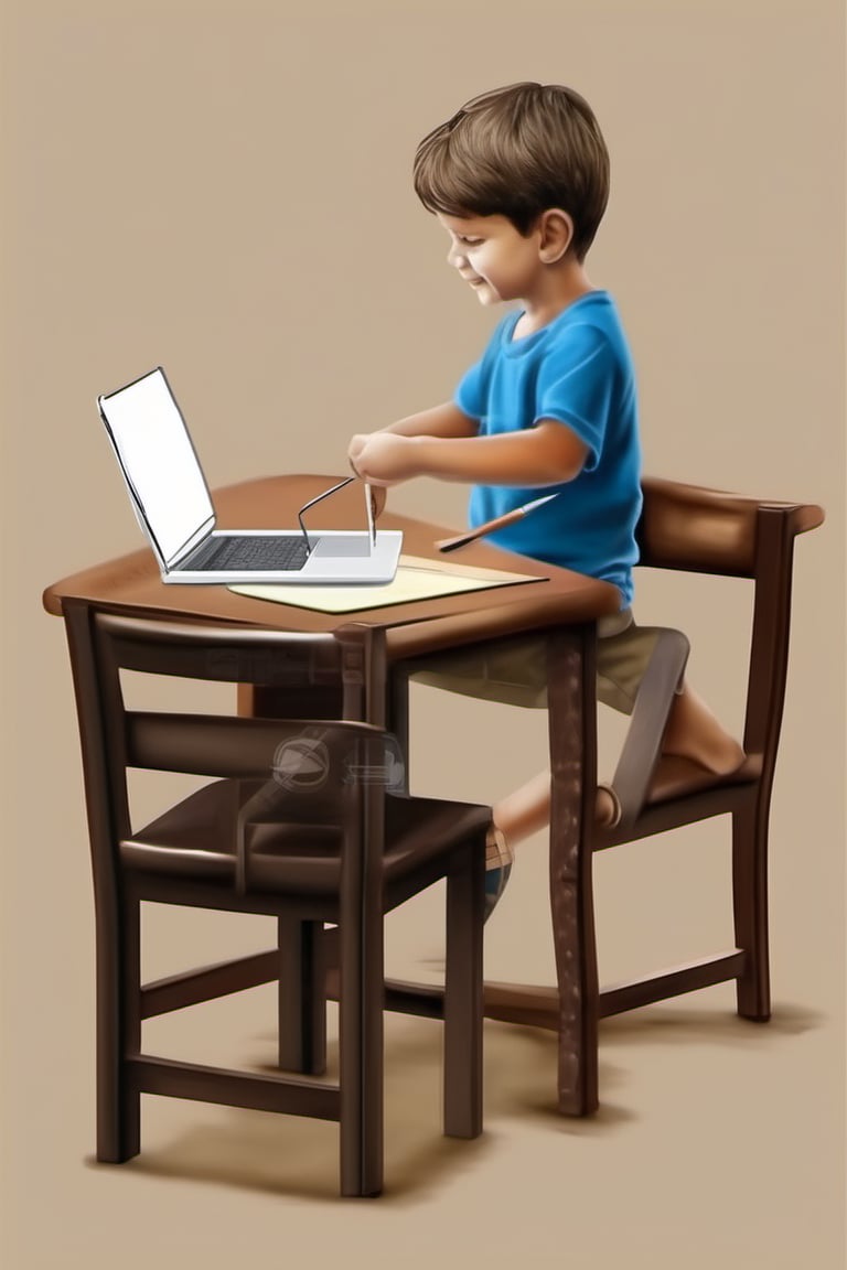 the bes quailty of realistic image. create image a studing table with sitting a boy chair with on a laptop 