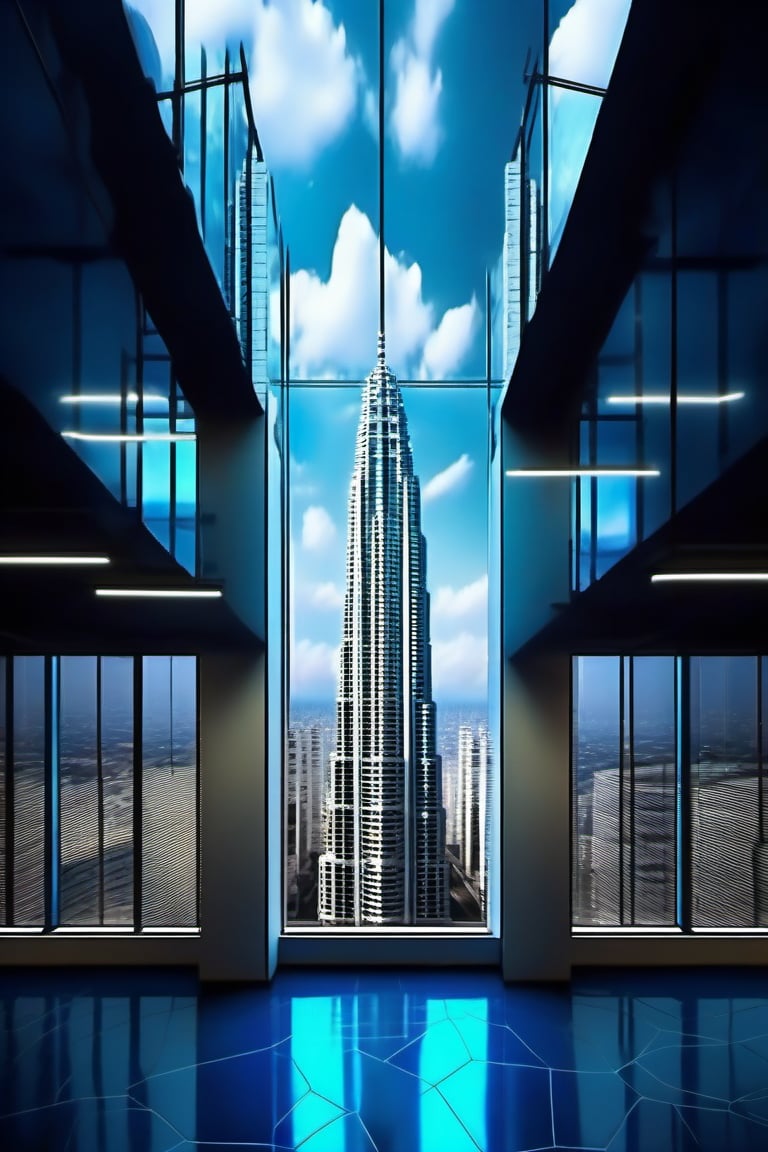 there is a very beautiful city in which there are many tall buildings. The outside viwe of any building is visible from which the building from which this view is visible has an office room chamber in which five chairs and a table are placed and the office light is set in depresssion. A unique type of light is installed on the floor whose color is blue and white light.