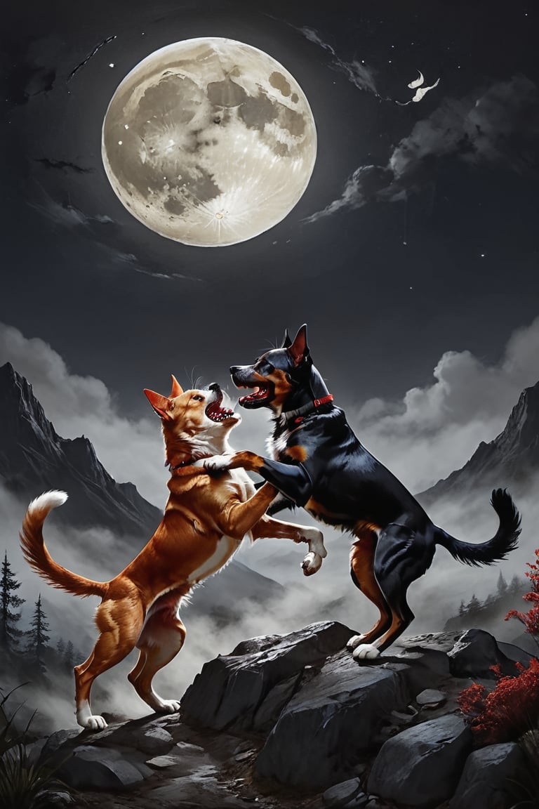 Create a background is dark night than fight Dog and cut, but colour is black and white and cut colour is red On a moonlit night a dog and a cat were fighting with each other. While fighting they both fell down from a mountain.