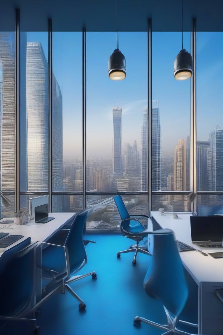 there is a very beautiful city in which there are many tall buildings. The outside viwe of any building is visible from which the building from which this view is visible has an office room chamber in which five chairs and a table are placed and the office light is set in depresssion. A unique type of light is installed on the floor whose color is blue and white light.