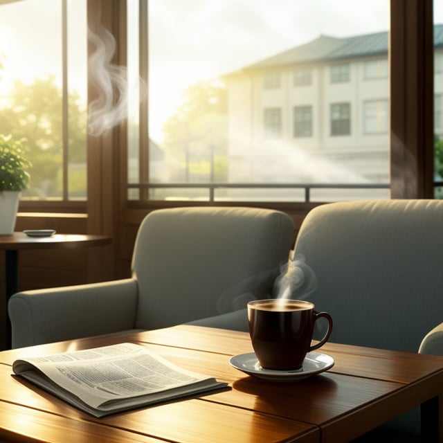 A cozy cafe setting, morning sunlight streaming through large windows, a steaming cup of coffee on a wooden table, a newspaper and a pair of reading glasses beside it, soft ambient lighting, and a comfortable armchair.