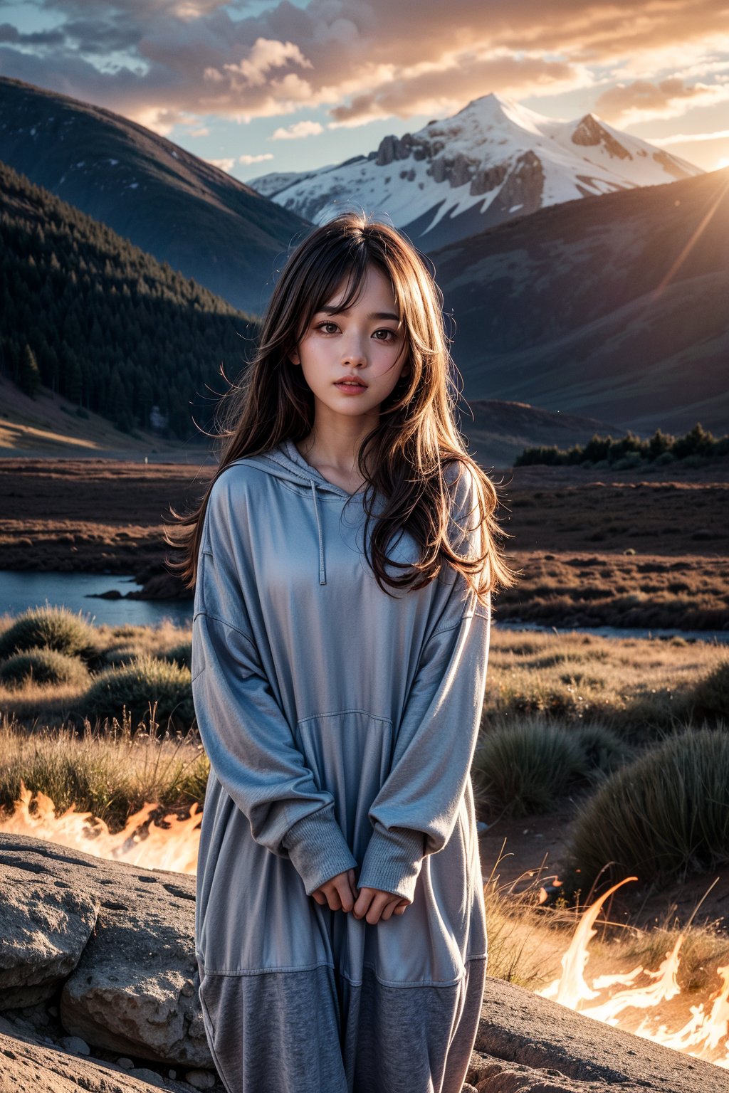 Extreme close-up, mountain background, girl, beautiful, cloudy_sky, burning_cloud, gradient_sky, dusk, embers, sunset, high detail, digital art style, soft diffused lighting, dutch angle, Baggy clothes, blue magic aura in your perfect hands, Arms forward, Looking at the viewer,photorealistic,poakl, 