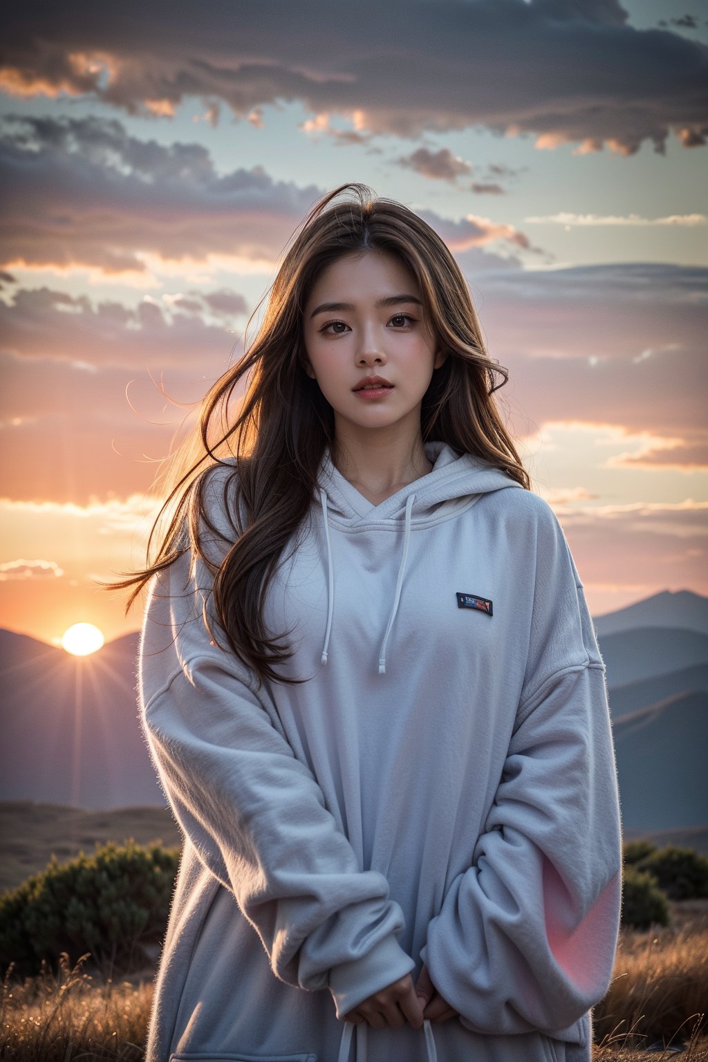 Extreme close-up, mountain background, girl, beautiful, cloudy_sky, burning_cloud, gradient_sky, dusk, embers, sunset, high detail, digital art style, soft diffused lighting, dutch angle, Baggy clothes, blue magic aura in your perfect hands, Arms forward, Looking at the viewer,photorealistic,poakl, 