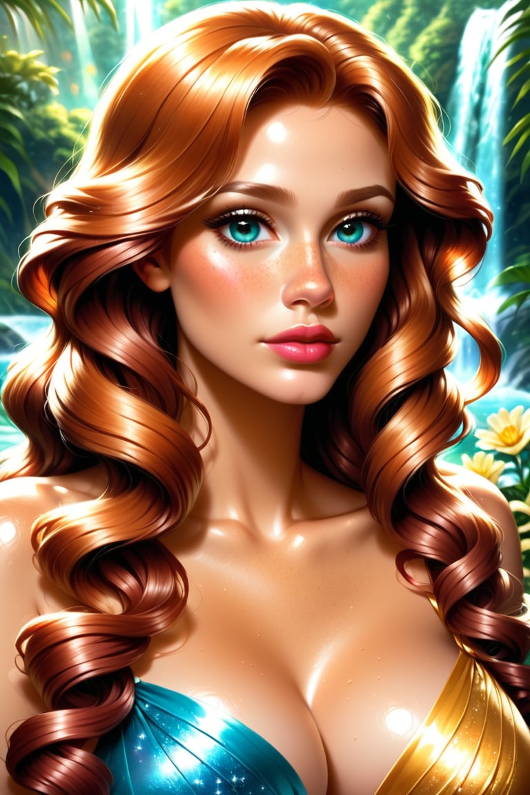 Ethereal Hispanic lady emerges from crystal-clear waters, her olive-toned skin glistening with dew-kissed perfection. Her luscious, curly locks cascade down her back like a golden waterfall, adorned with vibrant flowers that seem to bloom in harmony with the surrounding aquatic serenity. A portrait of loveliness, captured with soft, gentle lighting and a serene, peaceful atmosphere.