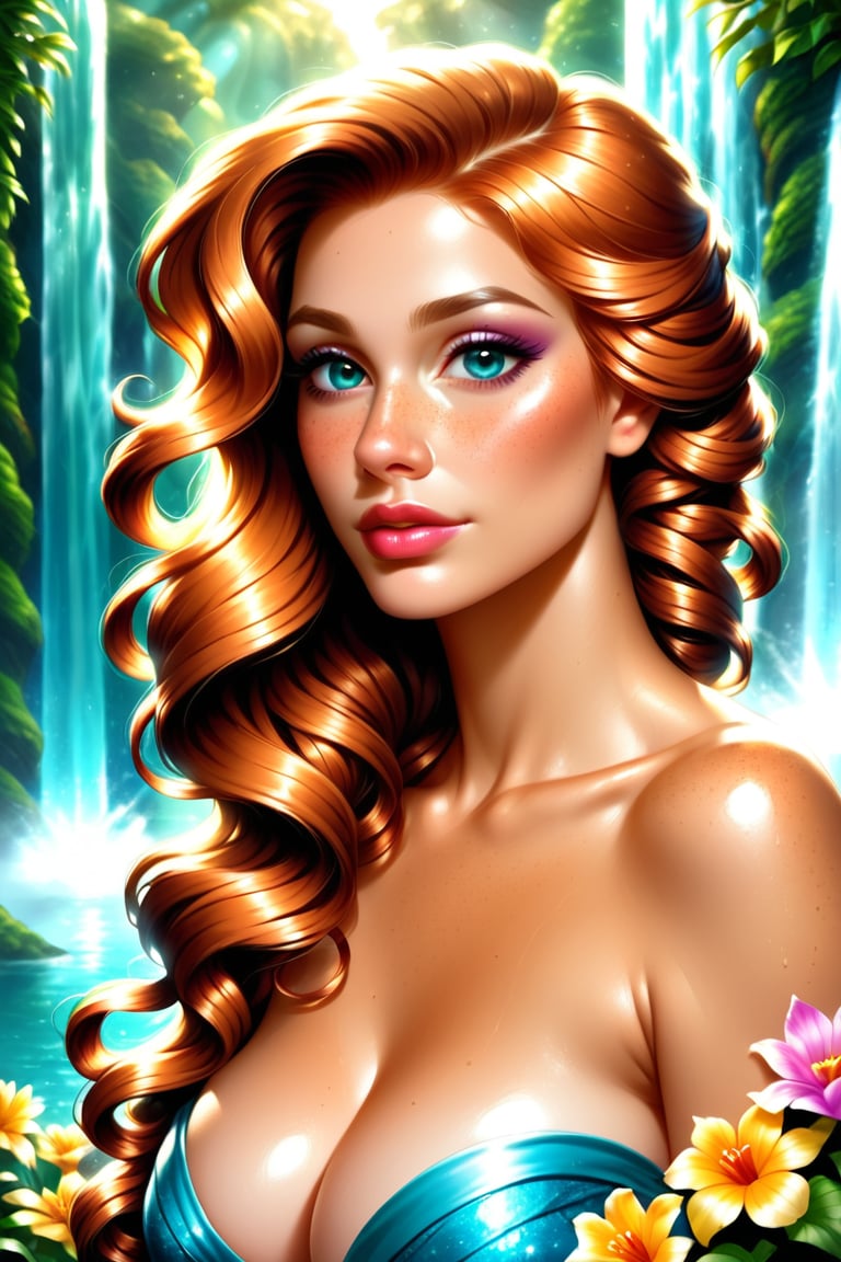 Ethereal Hispanic lady emerges from crystal-clear waters, her olive-toned skin glistening with dew-kissed perfection. Her luscious, curly locks cascade down her back like a golden waterfall, adorned with vibrant flowers that seem to bloom in harmony with the surrounding aquatic serenity. A portrait of loveliness, captured with soft, gentle lighting and a serene, peaceful atmosphere.