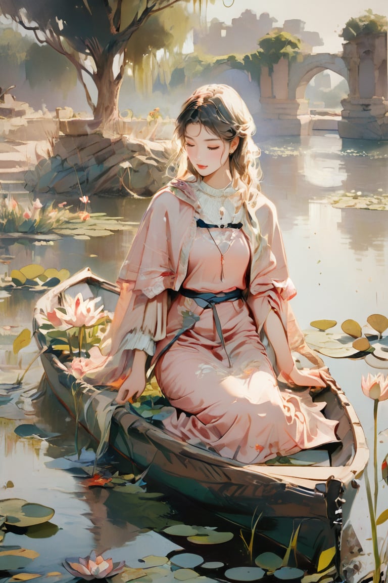 A romantic scene with a young woman in a pink dress sitting gracefully in a wooden boat on a tranquil pond. She is delicately picking white water lilies, her gaze directed downwards, exuding a sense of calm and serenity. The setting is lush, with dense greenery and sculpted stone statues in the background, adding an air of classical elegance. A wicker basket filled with flowers sits beside her, and a red shawl is draped on the side of the boat, enhancing the color palette of the scene.