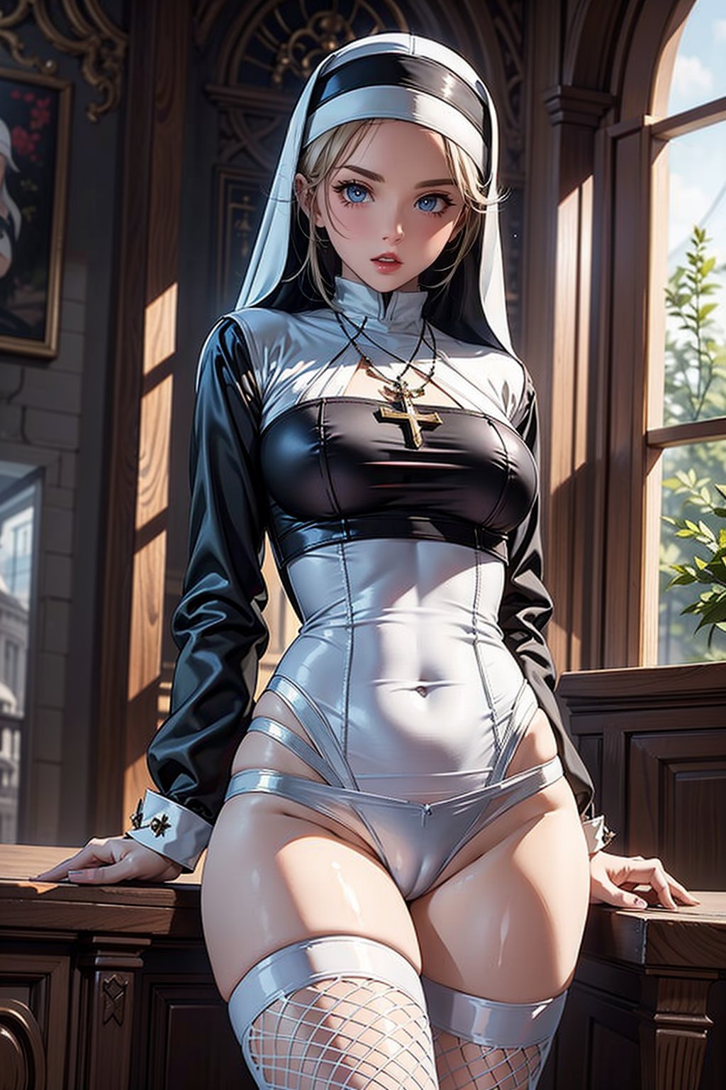 beautiful woman in a skimpy nun outfit, silver gothic jewelry, sexy nun in fishnets