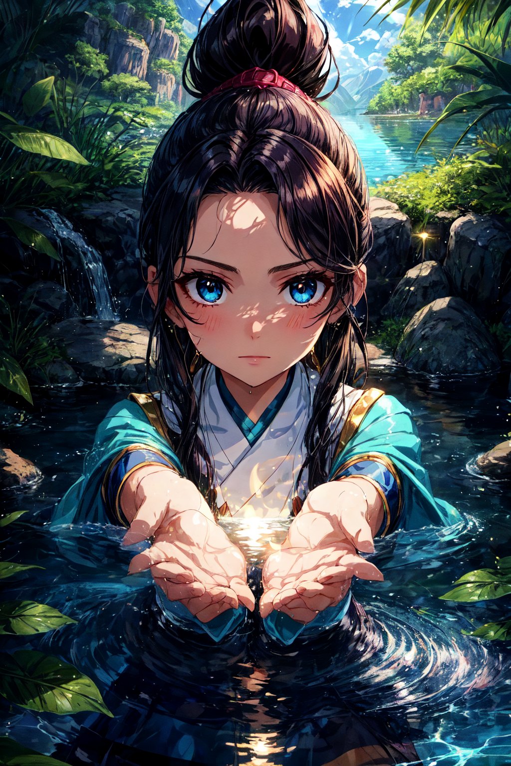 A close-up shot of Katara's determined face, her eyes locked intensely on the water before her. Her dark hair is tied back in a ponytail, and a few stray strands frame her face. Soft sunlight casts a warm glow, highlighting the gentle ripples on the surface of the water as she bends it with her powers. The composition focuses on Katara's hands, poised to manipulate the water, while the background subtly suggests the serene atmosphere of the Spirit Oasis.