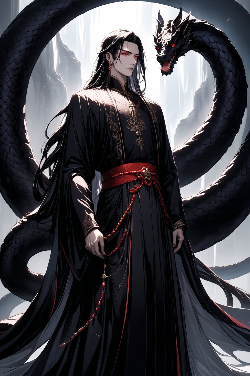 A majestic shot of a handsome Chinese emperor, his long, silky hair cascading down his back like a river of night. His piercing red eyes gleam with an otherworldly intensity as he stands tall, a majestic black serpent coiled around his arm, its scales glistening in the soft, ethereal light that bathes him. He wears traditional Chinese attire, the intricate embroidery and flowing silks accentuating his regal bearing. The air is thick with an aura of mystique and power as he surveys his domain, the serpent's forked tongue darting in and out of its mouth like a harbinger of ancient secrets.