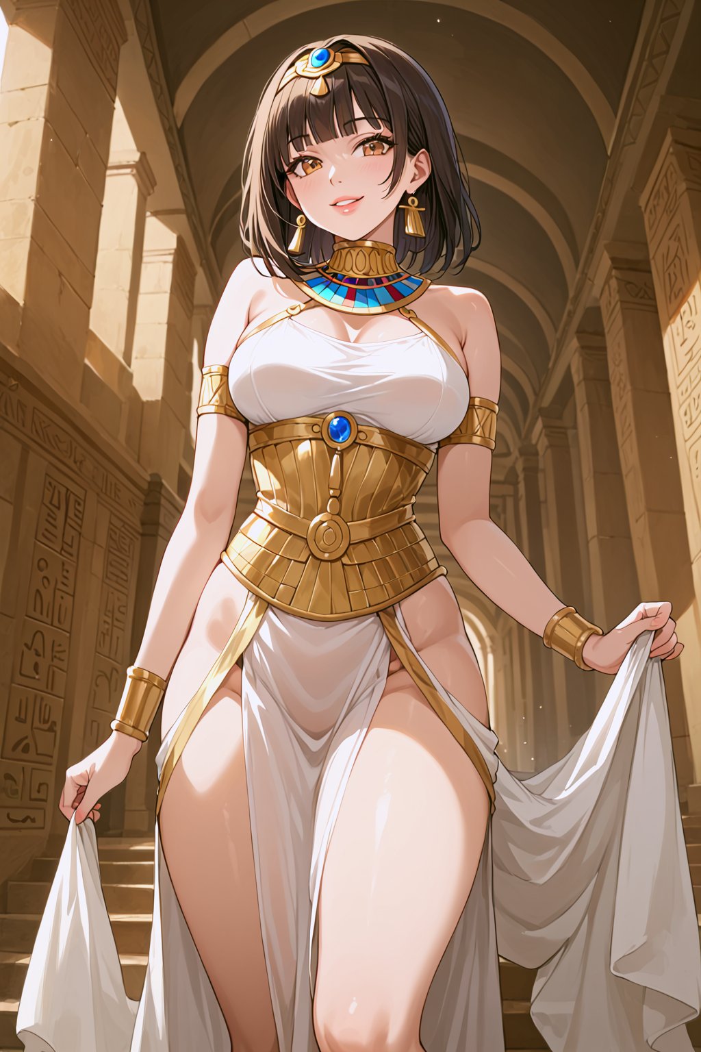 In a cinematic and ultra-realistic 16K resolution scene, a beautiful 16yo woman standing confidently, captured in a wide, head-to-toe shot. She has long black straight hair with bangs, hazel eyes, and long eyelashes, with an hourglass figure accentuated by her tight ancient egyptian dress. Her expression is alluring and playful, featuring plump lips and a captivating smile. , in a historical remain , dynamic pose. The lighting is a blend of cinematic, ambient, and sidelight, highlighting her exquisite details and textures. The color palette is warm and intense, yet balanced, avoiding overly saturated hues. The composition adheres to the golden ratio, creating a visually pleasing aesthetic.