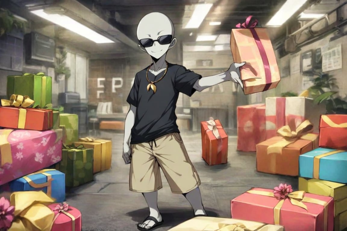 1alien, gray_skin, no ears, black_t-shirt that says (text "viva Tampico"), khaki shorts, black sandals, sunglasses, Hawaiian-style necklace,//quality, masterpiece:1.4, detailed:1.4, best quality:1.4,//,1boy,solo,happy expression, opening a gift,//, (no hair), (black eyes), gray complexion, average build,//, black t-shirt that says (text "viva Tampico"), khaki shorts, black sandals, Hawaiian-style necklace,//, sunglasses, indoor background, colorful gift wrapping paper, anime-style//
