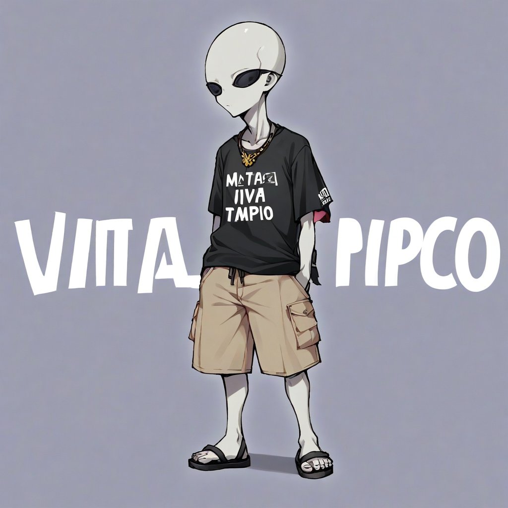 1alien, gray_skin, no ears, black_t-shirt that says(text "viva Tampico"), khaki shorts, black sandals, sunglasses, Hawaiian-style necklace,//quality, masterpiece:1.4,
