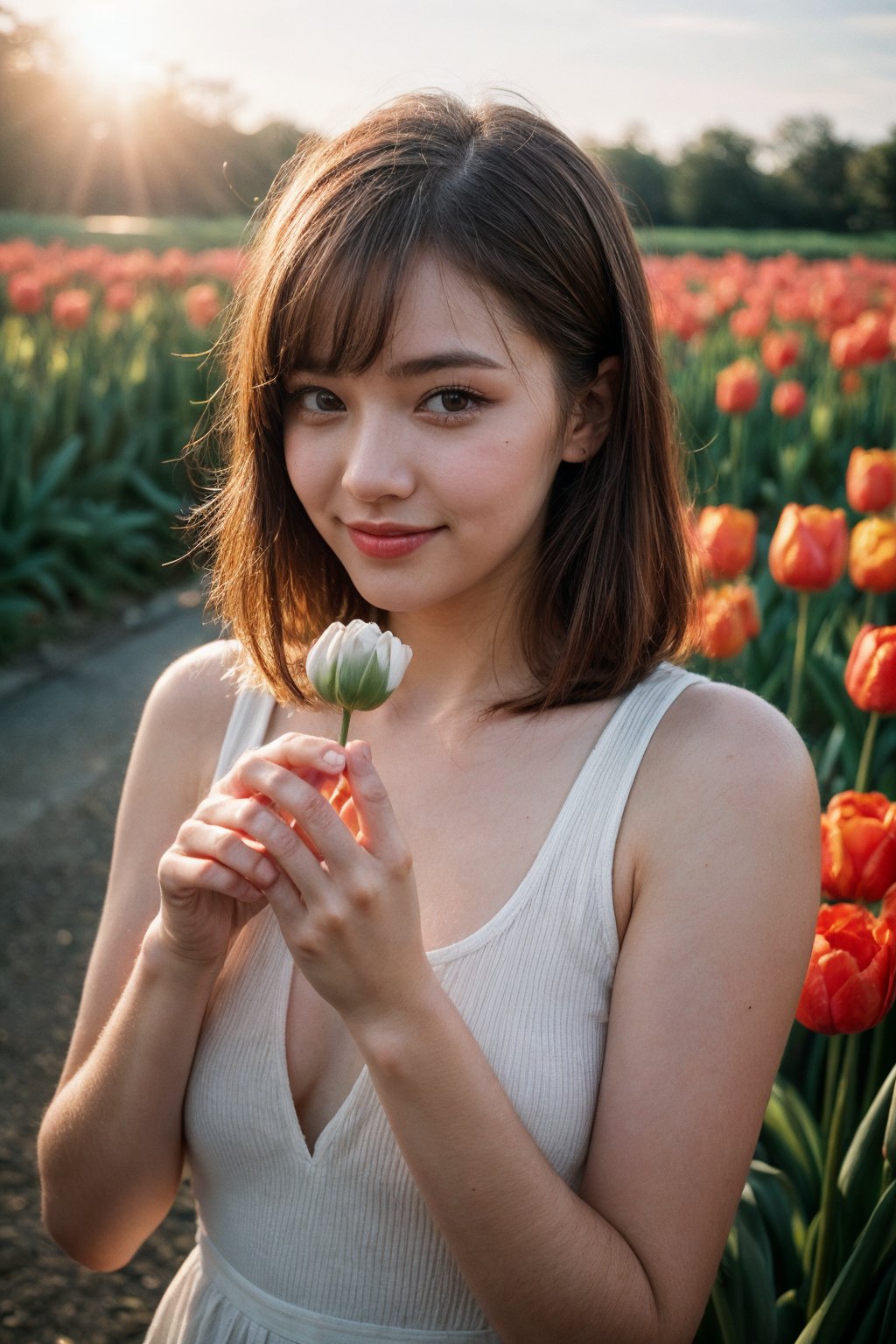 absurdres,  highres,  ultra detailed,  (1girl:1.3), smile , sunlight , lens flare reflection,lomography,  analog photography,  vibrant colors,  soft focus,  light leaks,  dreamy atmosphere,  experimental charm,  nostalgic appeal, looking into the viewer, tulips flower farm in bg, holding 1 tulip flower in right hand, perfect fingers,