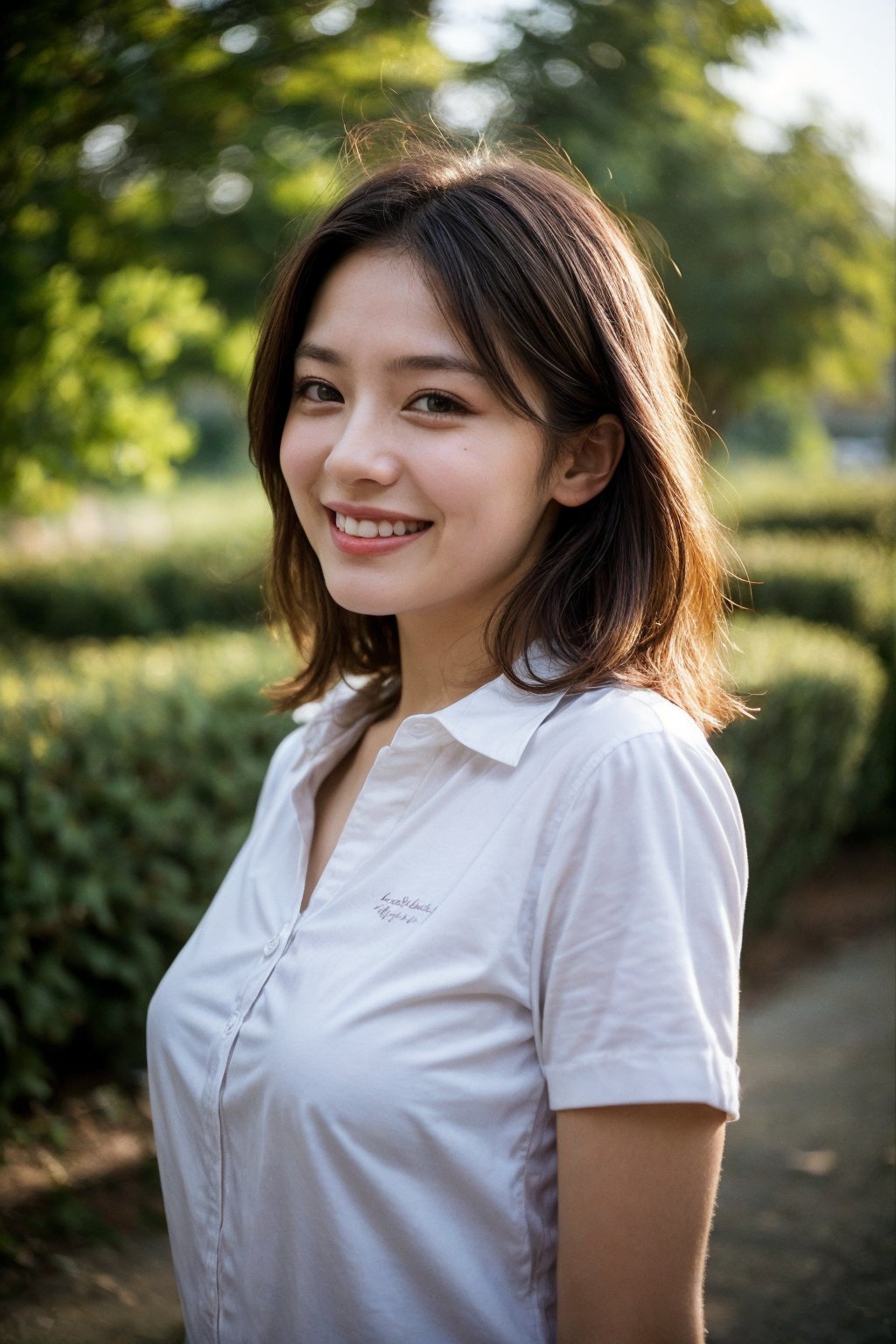 Masterpiece, top quality, high definition, artistic composition, 1 girl, upper body, composition from below, smiling, cotton shirt, looking at me, blue sky, sunlight through trees, casual, portrait, warm, reaching out