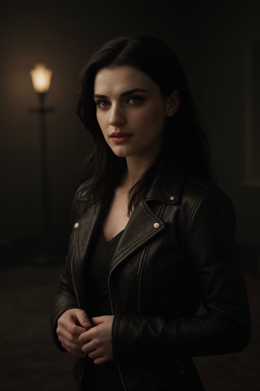 hyperrealistic photo of Katie McGrath in a scene of suspense and mystery, with an enigmatic expression and a penetrating gaze. She is dressed in a dark leather jacket and a black wool dress, in a dark and mysterious setting. The lighting is dim and contrasting, creating intriguing shadows and enhancing the suspenseful atmosphere. The image has a cinematic and atmospheric style, with sharp details that increase the tension and mystery of the scene.