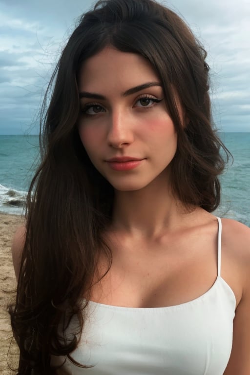 Hyper realistic full body RAW photo of Sofia Espanha, realistic and detailed face, realistic eyes, realistic skin texture, on a deserted beach, with a choppy sea and a dramatic sky. She is wearing a simple and elegant white cotton dress, with her hair loose and the wind blowing on her face. Her eyes contemplate the horizon, with an expression of thought and reflection. Cinematic style. 