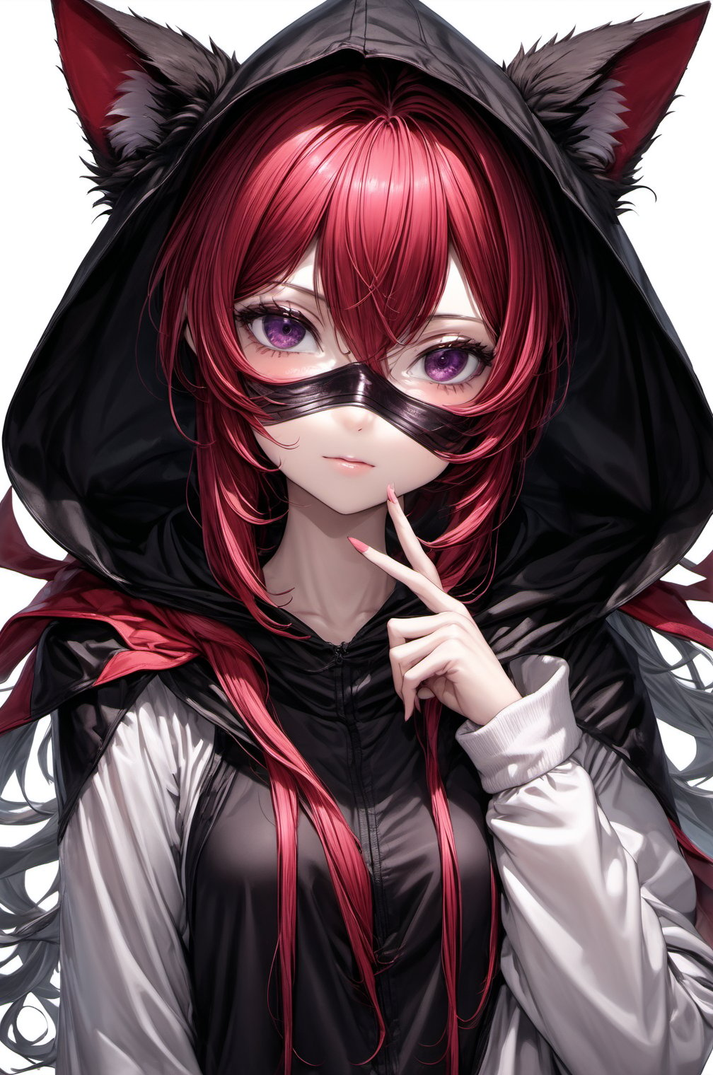 blood, monster version, detailed eyes, cat eyes, fire eyes, purple eyes, flat face mask, large face mask, black face mask, face mask with big smile :}, face mask with large fangs, teeth coming out of the face mask, blood red sweatshirt, hood covering head, hood with cat ears, face of 18 year old woman, dark background, blood red hair, pose of head tilted to the right looking forward, pose pointing finger at chin, short neck, shading,masterpiece,best quality,very aesthetic, ,score_9,gag,round, score_8_up ,Expressiveh,naked bandage,ani_booster, score_7_up,Eyes,score_6_up,Visual_Illustration, score_5_up