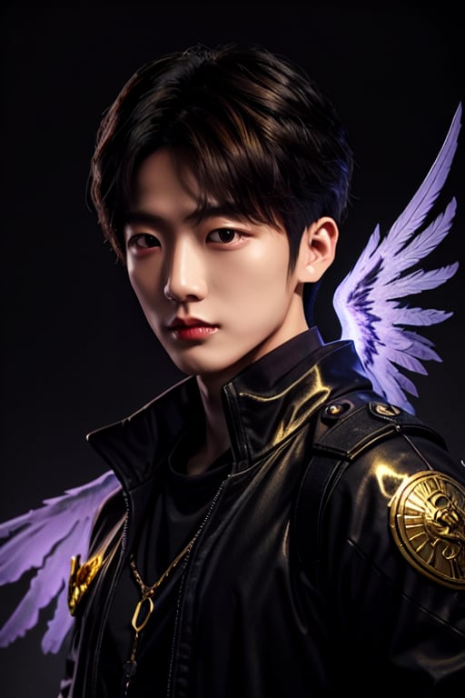 Korean man, 20 years old, medium ranged brown hair, glowing violet eyes akin to a cat's, garbed like a reaper with black wings, half body portrait, ultra realistic, ultra detailed, legendary, demi-god aesthetic, high quality, 8k resolution, cool demeanor, dramatic lighting, golden ratio