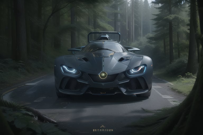 long mercedez, concept car, fancy cyborg design, futuristic, cyborg style,cyberpunk style, surrounded by trees, dense forest, dark blue color, gold color wheels, detailmaster2, high details, front perspective view,Hyper detailed muscle,zxrspc