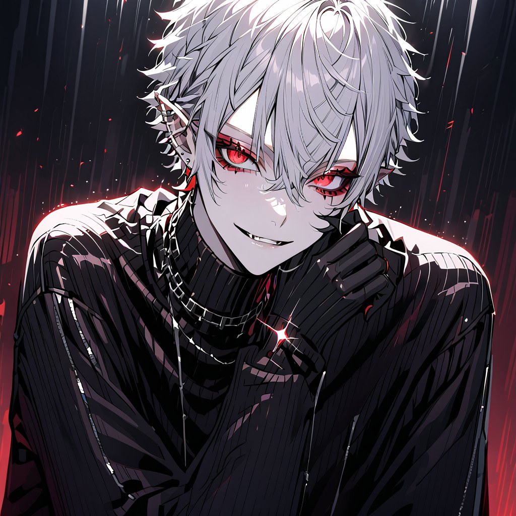 A virtual YouTuber, Kuzuha from Nijisanji, stands solo with piercing red eyes, gazing directly at the viewer. His long sleeves and black jacket contrast against his pale skin. white short hair mixes with grey locks framing his face. Pointy ears and parted lips add to his captivating male focus. Earrings glint as he wears a subtle smile, adorned in jewelry that catches the light. demon_smile, m3,txznmec,kuzuha,white hair,pointy ears