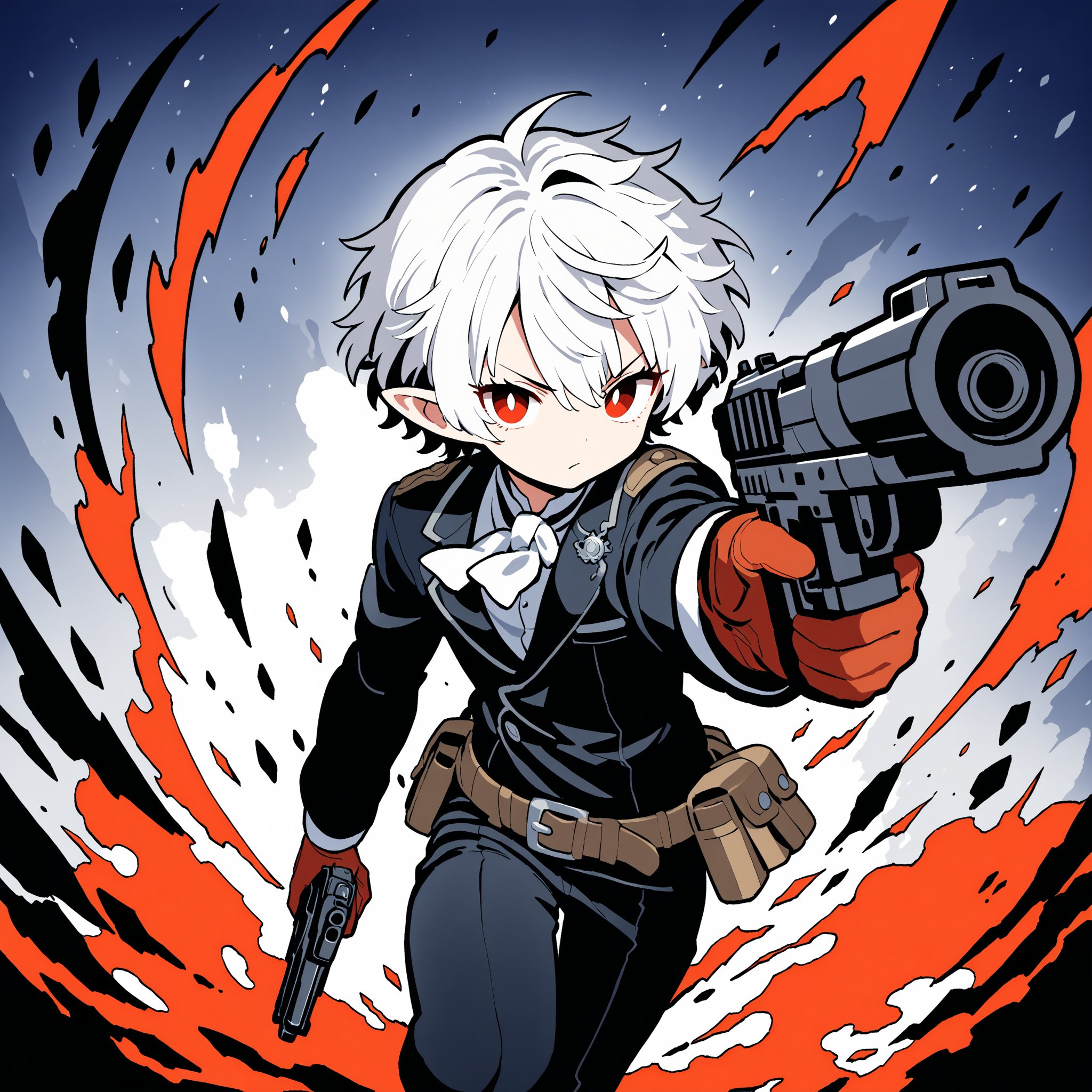 super fine illustration, highly detailed, dynamic angle, beautiful detailed, 8k, (masterpiece:1.5), (best quality:1.5), beautiful eyes, clear eyes, detailed eyes,1boy, solo, short hair, looking at viewer, red eyes, white hair, gloves, holding, jewelry, weapon, belt, pants, long sleeve shirt, holding weapon, bow \(weapon\), gun \(projectile\), holding hand gun \(weapon\), aiming, holding gun, Leonardo Style,ink scenery,kuzuha,pointy ears