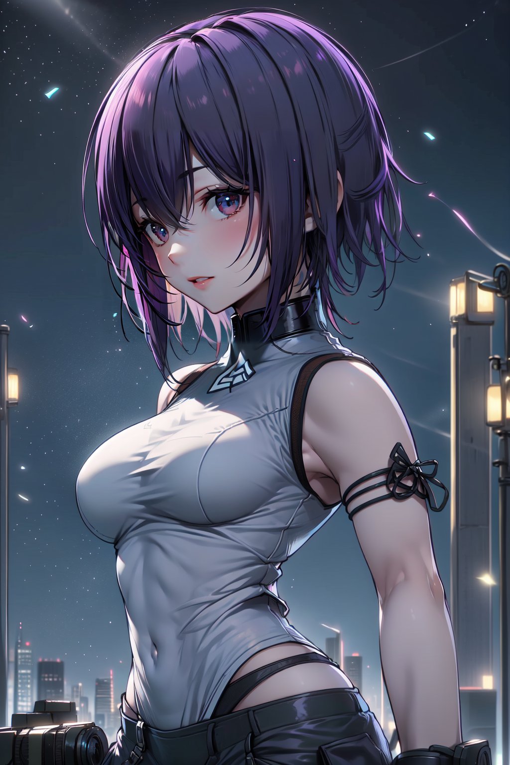 (1girl:1.5), Motoko Kusanagi, a stunning Japanese woman, weating tight white sleeveless shirt and short shorts, cute pose, from below side, stands confidently against a cityscape backdrop at night, The camera captures her elegant profile from a side angle, emphasizing her delicate features as she gazes off-camera. Her skin glows in the soft focus, radiating intimacy and subtlety. cameltoe,niji,GlowingRunes_,motoko2045wz
