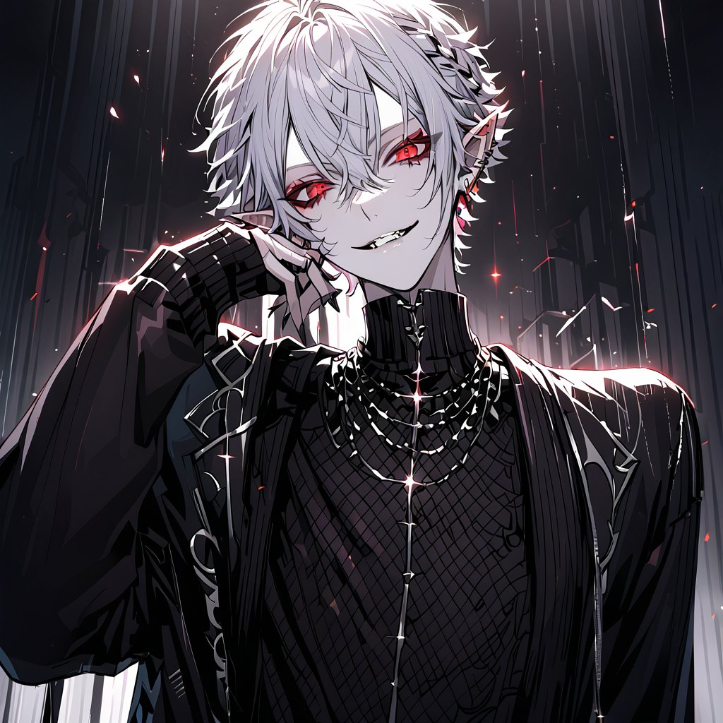 A virtual YouTuber, Kuzuha from Nijisanji, stands solo with piercing red eyes, gazing directly at the viewer. His long sleeves and black jacket contrast against his pale skin. white short hair mixes with grey locks framing his face. Pointy ears and parted lips add to his captivating male focus. Earrings glint as he wears a subtle smile, adorned in jewelry that catches the light. demon_smile, m3,txznmec,kuzuha,white hair,pointy ears