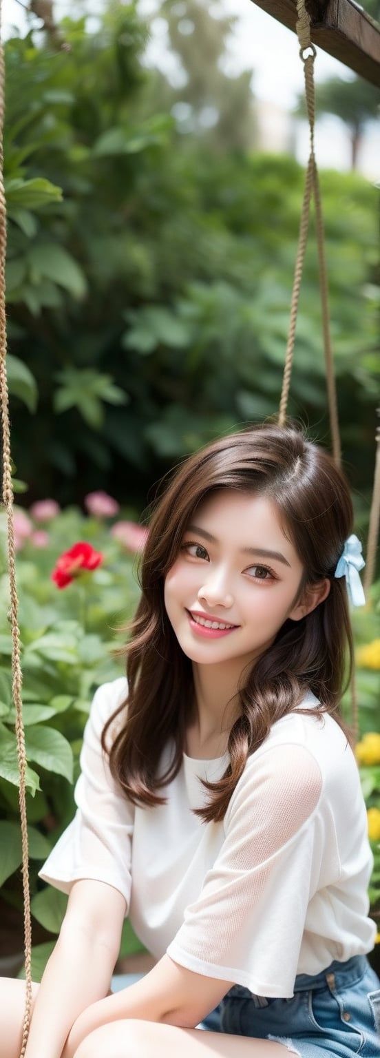 a young blonde asian beauty,long brown hair,bow on head,beautiful detailed eyes,beautiful detailed lips,long eyelashes,soft facial features, cute smile,  flower garden background, sitting on a swing, vibrant colors,pleasant lighting,artistic rendering,perfect light