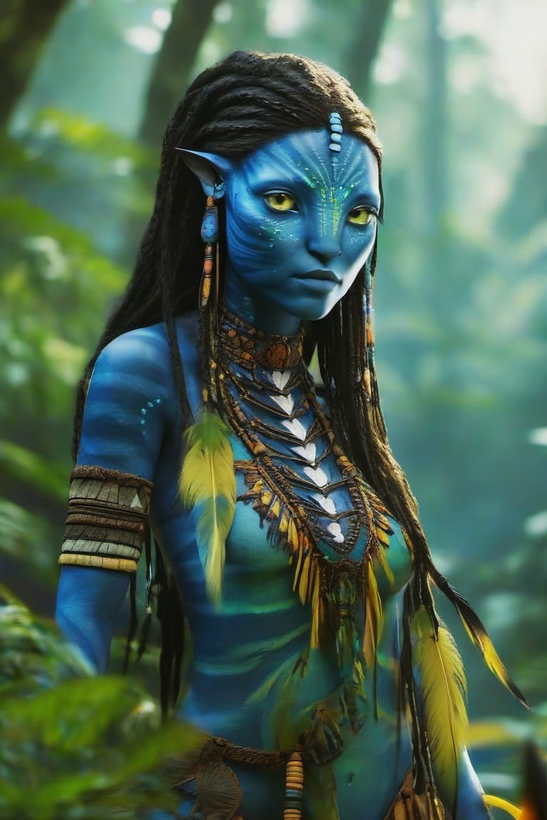 Na'vi, female in her forties, ((blue skin)), ((white skin), blue color palette, ((black hair)), ((braided hair)), messy hair, ((yellow eyes)), skin full of ((scales)), stern face, ((pointed fangs)), full of dark blue painted stripes, using (bones, feathers and threads) as accessories, her function in the Omatikaya clan as the next Tsahik of this, wearing tribal clothing, beautiful Na'vi, action scene, close-up view, profile view, realistic eyes, hyper-realistic, extreme details, HDR, 4k quality, perfect quality, perfect picture, HD quality, movie scene, dim lighting, concept art, low saturation, alien, jewelry, portrait, many details, 4k, 8k, freckles, close-up, AVATAR-OME, Read description, ADD MORE DETAILS, Forest background, Cave background with bonfires, Tree of souls background.