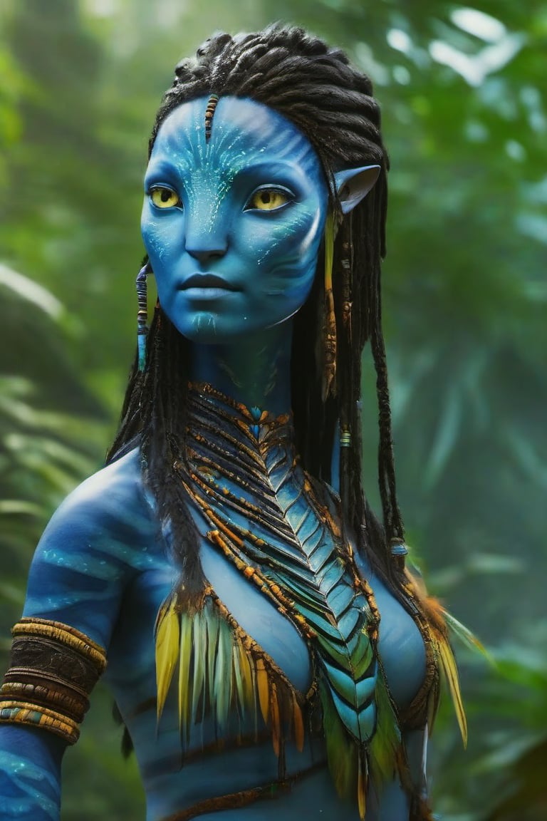 Na'vi, female in her forties, ((blue skin)), ((white skin), blue color palette, ((black hair)), ((braided hair)), messy hair, ((yellow eyes)), skin full of ((scales)), stern face, ((pointed fangs)), full of dark blue painted stripes, using (bones, feathers and threads) as accessories, her function in the Omatikaya clan as the next Tsahik of this, wearing tribal clothing, beautiful Na'vi, action scene, close-up view, profile view, realistic eyes, hyper-realistic, extreme details, HDR, 4k quality, perfect quality, perfect picture, HD quality, movie scene, dim lighting, concept art, low saturation, alien, jewelry, portrait, many details, 4k, 8k, freckles, close-up, AVATAR-OME, Read description, ADD MORE DETAILS, Forest background, Cave background with bonfires, Tree of souls background.