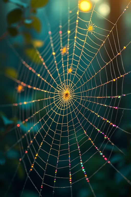 Capture a high-definition macro shot of an exquisitely intricate spider web, glistening with morning dew in the soft light of early dawn. The silken strands of the web illuminate in vibrant neon hues of green, orange, and purple, as if painted by nature’s brush. Tiny, glowing spiders traverse the web, creating surreal, shifting shadows that dance across the scene.

The fine threads shimmer with life, refracting light into mesmerizing, complex patterns that capture the eye. Utilize a bokeh effect in the background to create a stunning contrast between the sharply detailed web and the softly blurred, ambient forest. The medium contrast should enhance the subtle glow of the neon colors without overwhelming the intricate textures of the silk. The overall composition should evoke a sense of wonder and awe, showcasing the otherworldly beauty of the scene in vivid, high-definition clarity.