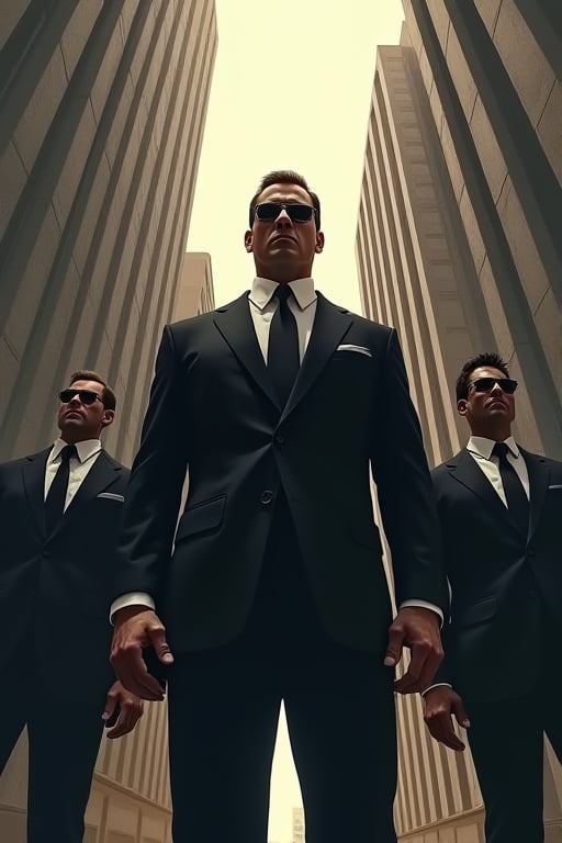 Illustrate a dynamic scene from a dramatic worm’s eye view of a brave, heroic gangster in a sleek, dark suit. The camera angle looks up from below, emphasizing his imposing stature as he stands confidently at the forefront. He is flanked by two fit, muscular bodyguards in dark suits and sunglasses, who enhance the gangster’s formidable presence. The bodyguards’ strong builds and serious expressions are highlighted by the low-angle perspective, contributing to the sense of dominance and bravery. The backdrop features an imposing, abstract urban environment with high, towering structures that accentuate their larger-than-life appearance. The scene captures the gangster's leadership and the protective role of his bodyguards, all rendered with high contrast and dramatic lighting.