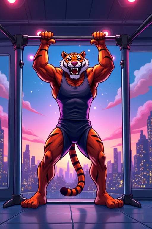 Envision a sly and formidable villain tiger, depicted in a dynamic cartoon style, performing a high pull-up in a high-tech gym. The tiger, with exaggerated muscular features and a devious grin, wears a futuristic, neon-lit workout suit. The background is a vibrant, cartoonish gym with sleek, glossy surfaces and oversized windows revealing a whimsical cityscape at twilight. Dramatic, colorful lighting adds depth, with playful sparkles and motion lines emphasizing the tiger’s strength and agility. The scene is animated and visually captivating, perfectly capturing the essence of a cunning villain’s intense training session.