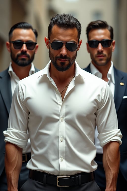 Design a portrait-mode image of the gangster in a white shirt, with a close focus on his upper body and face. The gangster exudes bravery and sophistication, while his two fit bodyguards with sunglasses stand prominently beside him. The portrait mode should capture the detailed expressions and attire of all three figures, emphasizing the gangster’s commanding presence and the bodyguards’ protective role. The background should be subtly integrated to keep the focus on the characters while enhancing the overall composition.