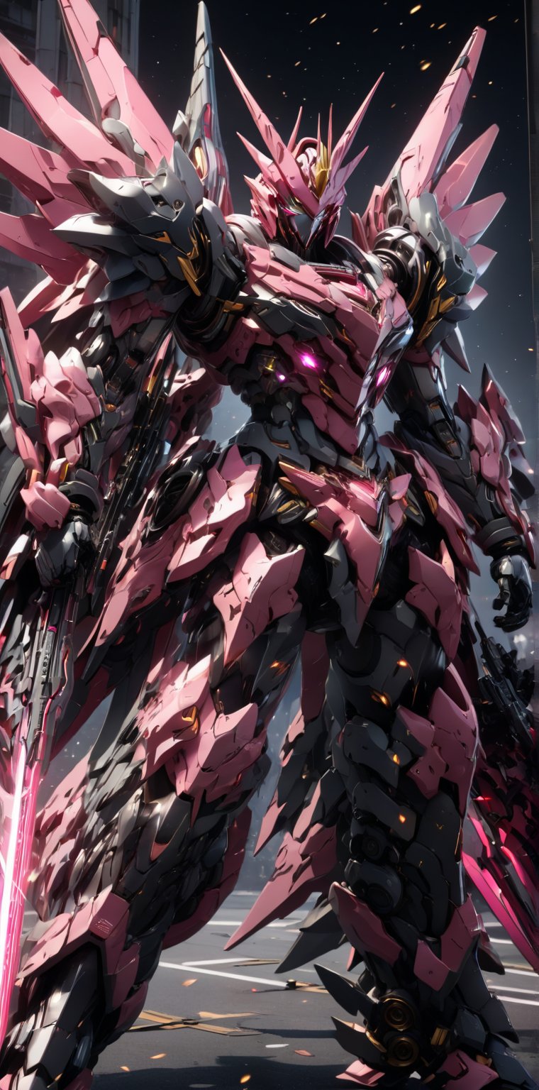 An intricate character design places Sazabi (Gundam) in a battle-ready stance, prepared to take on a horde of fearsome monsters. The design exudes an aggressive and determined vibe, with a color scheme featuring a combination of pink and dark grays, highlighting Sazabi (Gundam)'s resilience and unwavering fighting spirit.