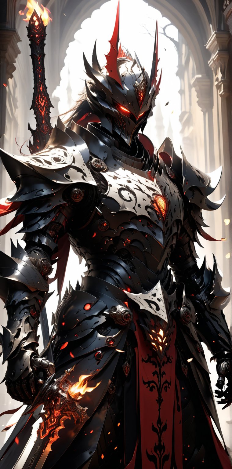 The knight stands amidst swirling shadows, gripping the Unrefined Fireblast weapon with a firm, gauntleted hand. His armor is etched with cursed symbols, and his eyes blaze with an otherworldly light. The weapon itself is a fusion of black metal and red flames, exuding a raw and untamed energy. The background is a nightmarish realm of twisted spires and ominous clouds, enhancing the knight's sinister presence. --s 1000