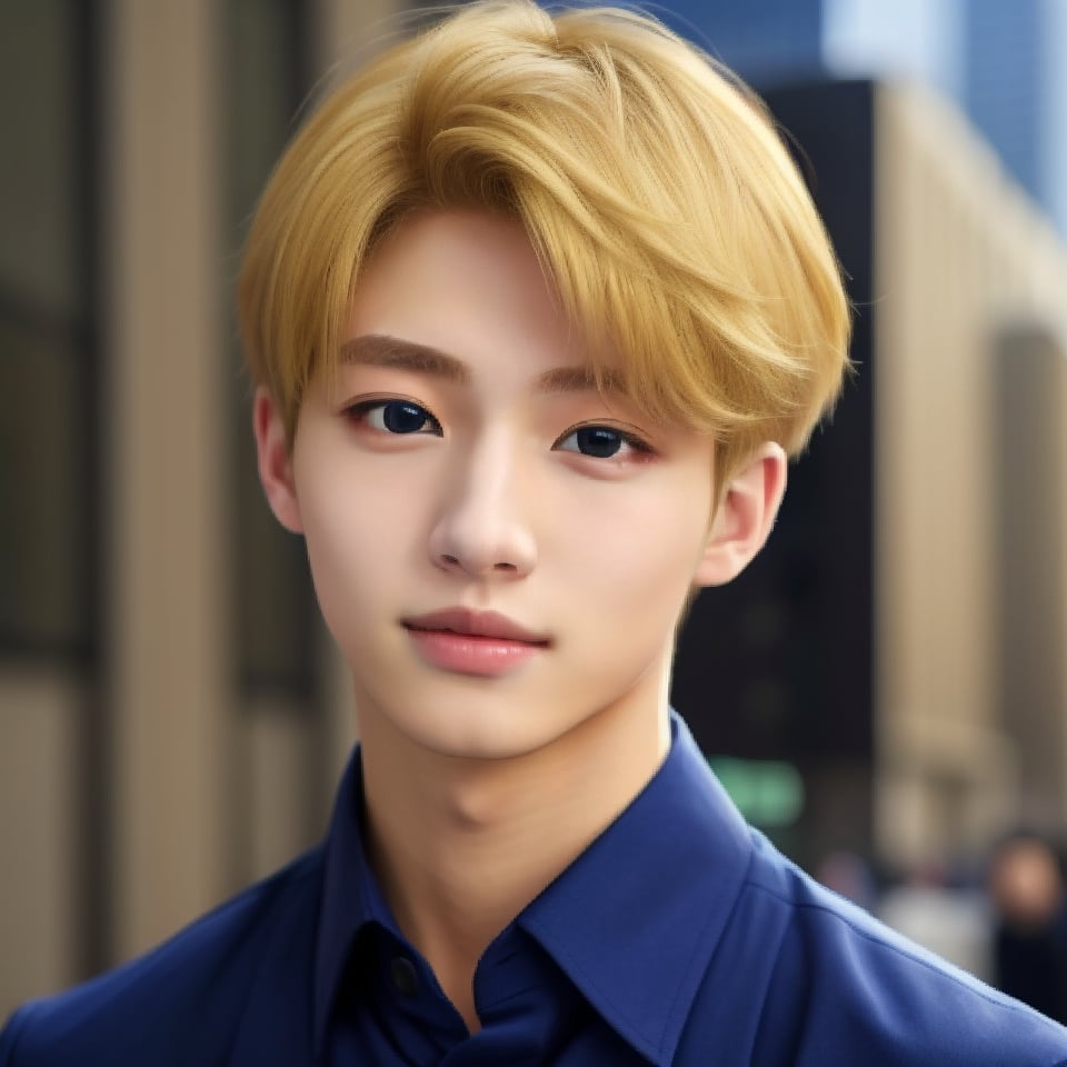 solo, ikemen, 1boy, modern, fashion, masterpiece, blonde, nice photo, realistic, upper body, perfect anatomy, 🏙, collared shirt, clean background, portrait, 