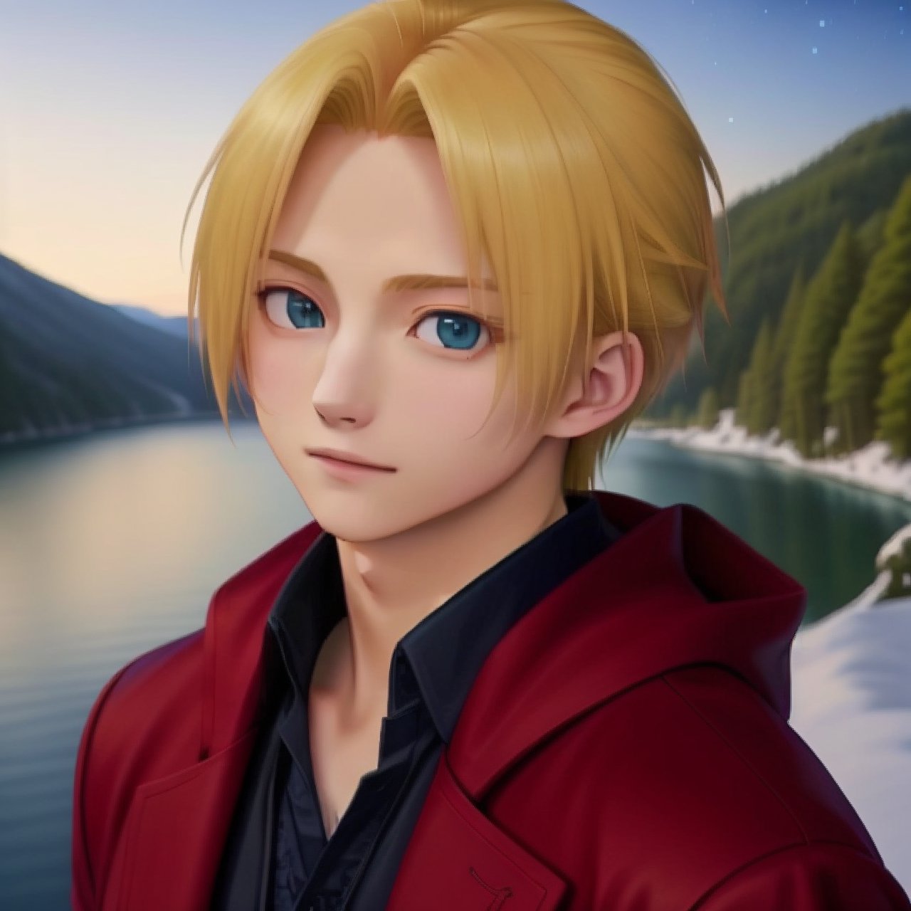 my_hagaren_edo, nice photo, solo, looking at viewer,realistic, masterpiece,  4K, portrait,  day, 🌌❄🏞, ikemen, blonde hair, red jacket, black shirt, 18 years old,