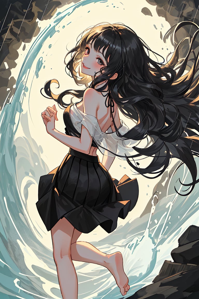 A 10-year-old girl's pure and beautiful face, framed by a gentle smile. Her long, wavy hair cascades down her back like a golden waterfall. A white V-neck open shoulder top hugs her delicate skin. A flowing black skirt falls just above her ankles, paired with transparent black stockings that seem to shimmer in the light. The overall pose captures a moment of joy and playfulness, as if she's just stepped out of the rain, her hair mussed and her clothes slightly dampened.