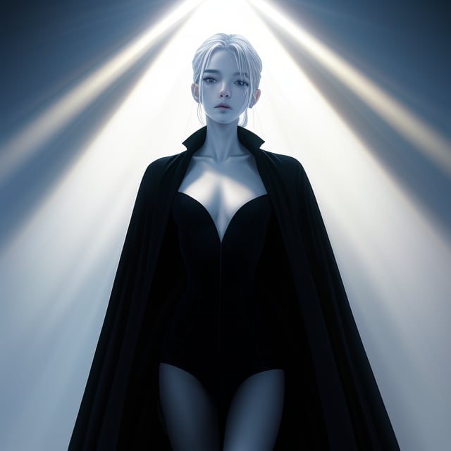 A stunning young woman with alabaster skin and a slender figure, clad in a sleek black bunny suit, stands under a radiant spotlight. The bright light accentuates her pale complexion, creating a stark contrast against the dark fabric. The composition focuses on her graceful pose, highlighting the elegant lines of her body within the form-fitting suit. The setting is minimalistic, allowing the interplay of light and shadow to dominate the scene.