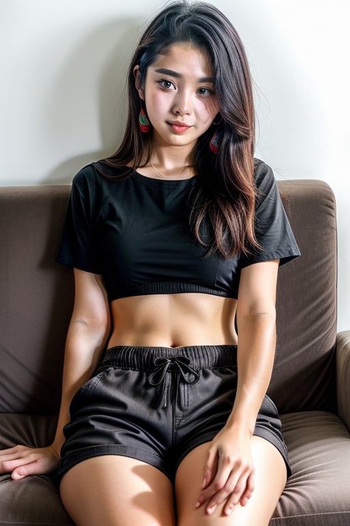 lovely cute young attractive teenage girl, village girl, 18 years old, cute, an Instagram model, long black_hair, colorful hair, summer, dacing, wear black top, sitting at sofa home, clean faceKorean and shorts pant ,Hanbok,Indian big boobbs