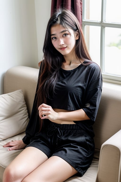 lovely cute young attractive teenage girl, village girl, 18 years old, cute, an Instagram model, long black_hair, colorful hair, summer, dacing, wear black top, sitting at sofa home, clean faceKorean and shorts pant ,Hanbok,Indian big boobbs