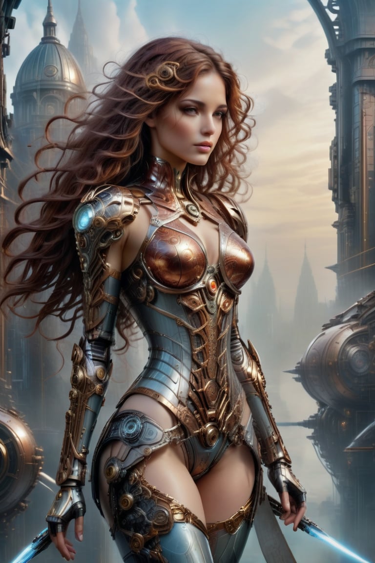 Full body. A steampunk-inspired illustration of a stunning American woman in her mid-20s, dressed in a Victorian-era inspired full-body armor, with intricate cybernetic enhancements integrated into the design. She stands confidently, one hand grasping a gleaming sword, while the other holds a futuristic device. The background features a misty, gaslit cityscape at dusk, with steam-powered airships hovering above. The woman's eyes gleam with determination and her long, curly brown hair cascades down her back like a fiery waterfall.