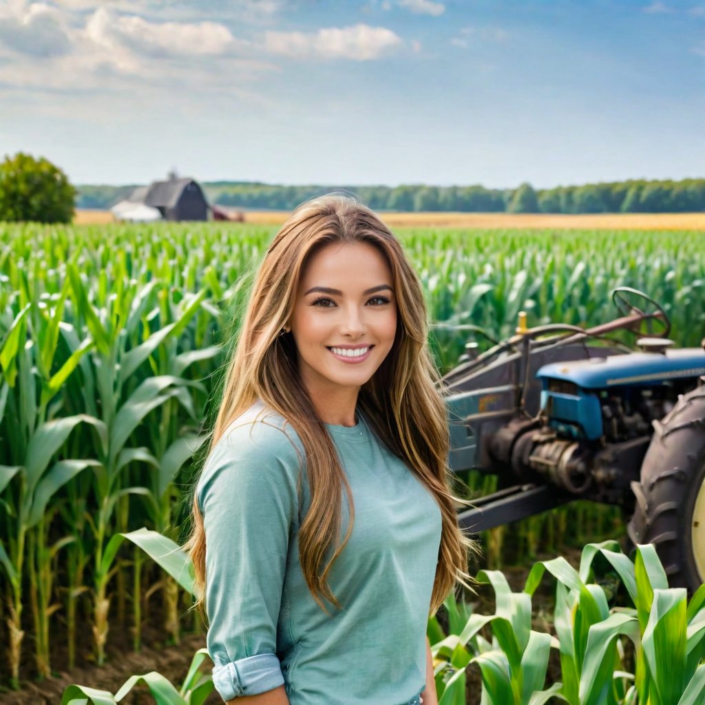 A stunning American farm girl poses with a warm smile, surrounded by lush green cornfields and rustic farming machinery in the background. She wears a casual yet charming outfit, her long hair blowing gently in the breeze. In the distance, a quaint village landscape stretches out, adding to the idyllic atmosphere.