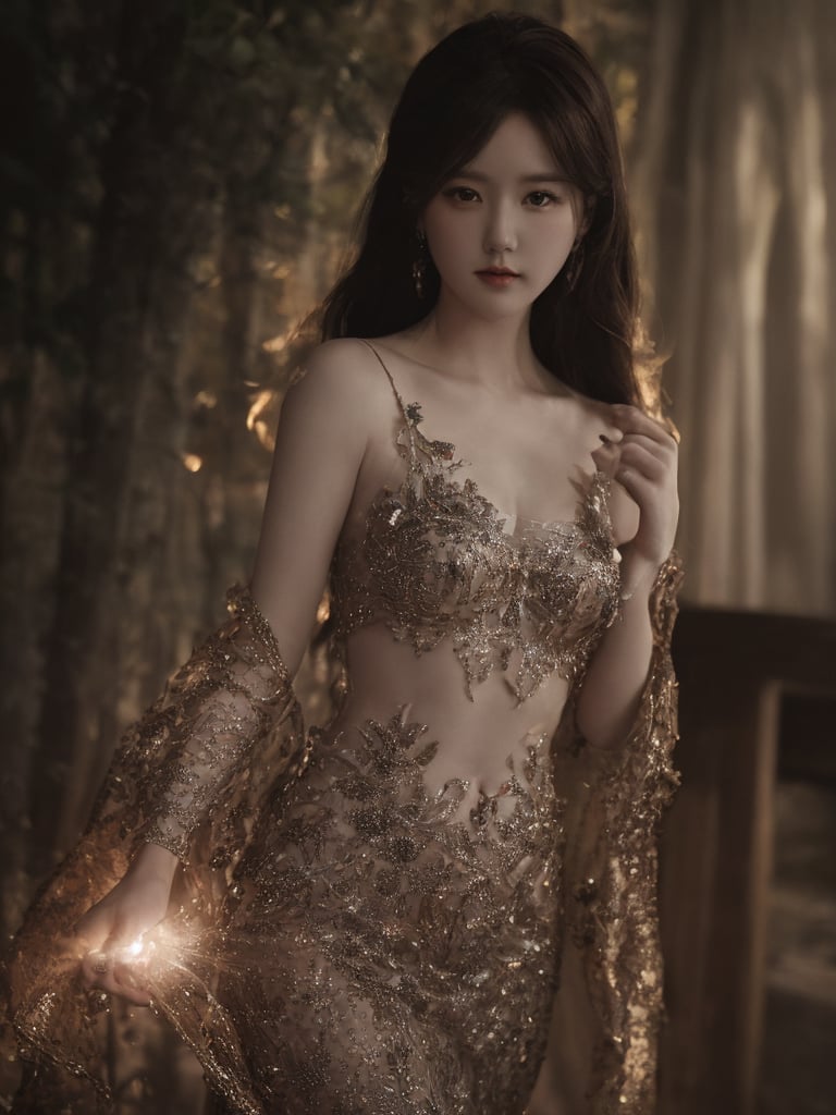 A 45yr beautiful women named Zhao lusi standing pose full body potrait highly detailed realistic face with lighting and shadow control on face and hair photorealistic,Lens Flares,perfect split lighting,shaded face,Young beauty spirit , ,cinematic lightings